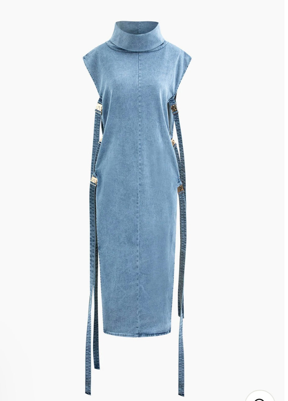 Turtle Neck Denim Maxi Dress