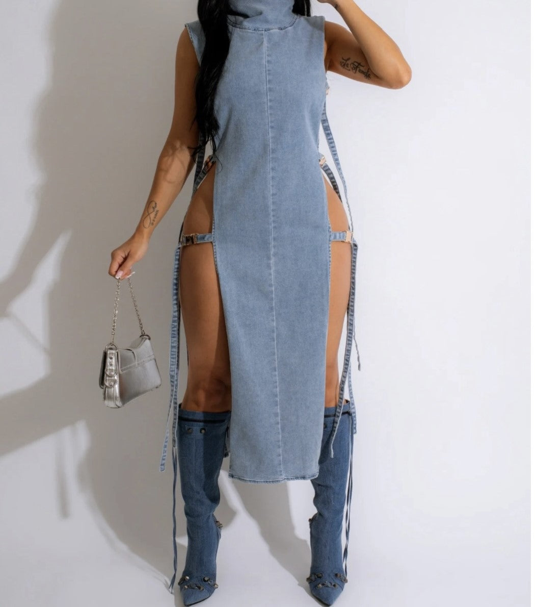 Turtle Neck Denim Maxi Dress